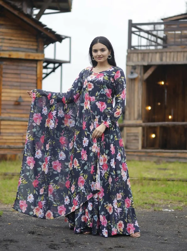Jyoti Fashion Women's Black Faux Georgette Floral Digital Printed Anarkali Dress with Dupatta Tunics Sophisticated sleek Jyoti Fashion Women's Black Faux Georgette Floral Digital Printed Anarkali Dress with Dupatta Tunics Sophisticated sleek