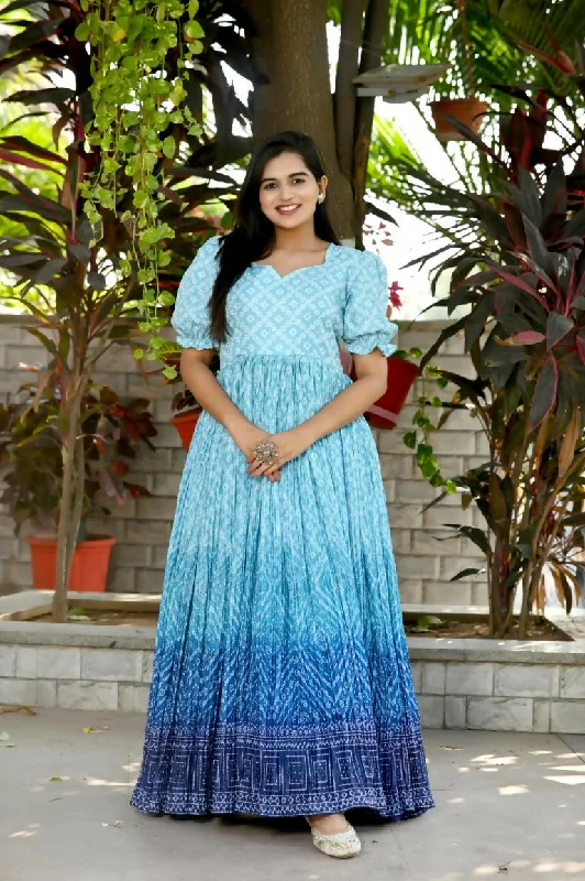 Jyoti Fashion Women's Sky Blue Bandhej Print with Crush Pleating Muslin Anarkali Dress Tunics Cozy soft Jyoti Fashion Women's Sky Blue Bandhej Print with Crush Pleating Muslin Anarkali Dress Tunics Cozy soft