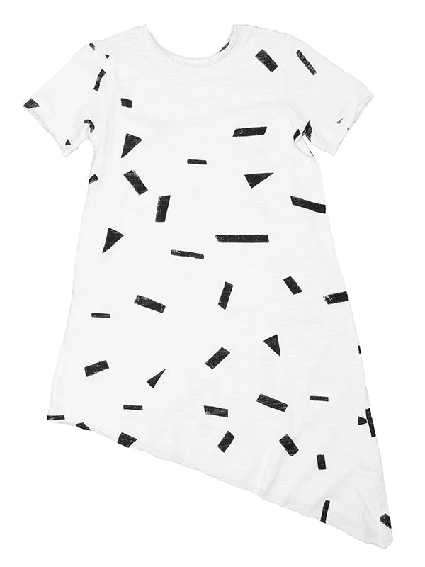 Joah Love Black Party Print On White Asymmetrical Hem Dress Tunics Trendy modern
