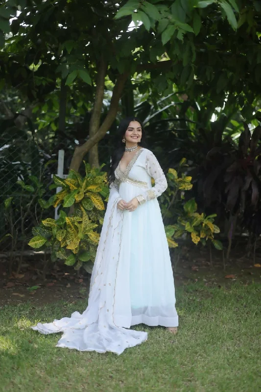 Jyoti Fashion Women's White Faux Blooming Sequins Zari Embroidered Anarkali Dress with Dupatta Tunics Chic elegant Jyoti Fashion Women's White Faux Blooming Sequins Zari Embroidered Anarkali Dress with Dupatta Tunics Chic elegant