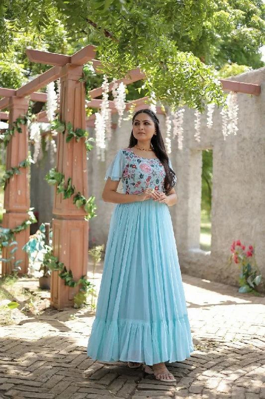Jyoti Fashion Women's Sky Blue Sequins Thread Embroidery Faux Georgette Anarkali Dress Floral Print girly Jyoti Fashion Women's Sky Blue Sequins Thread Embroidery Faux Georgette Anarkali Dress Floral Print girly
