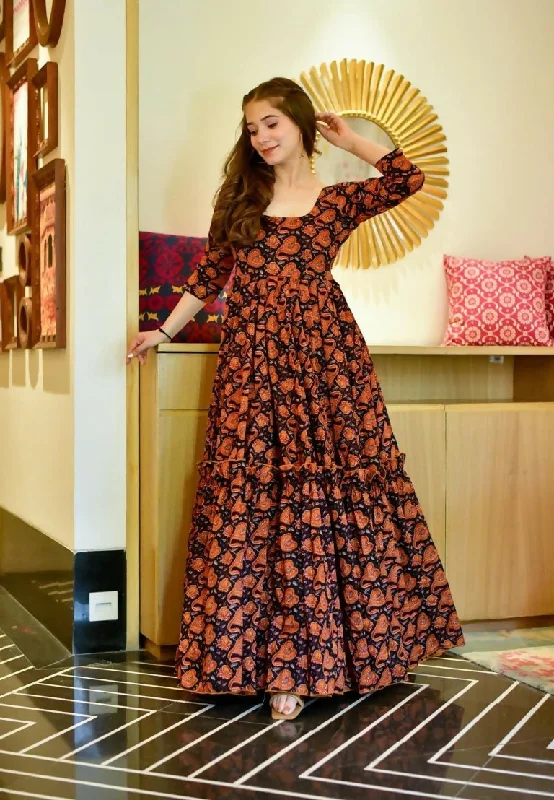 Jyoti Fashion Women's Brown Heavy Digital Printed Cotton Silk Anarkali Dress Boatneck Modish Everyday Jyoti Fashion Women's Brown Heavy Digital Printed Cotton Silk Anarkali Dress Boatneck Modish Everyday