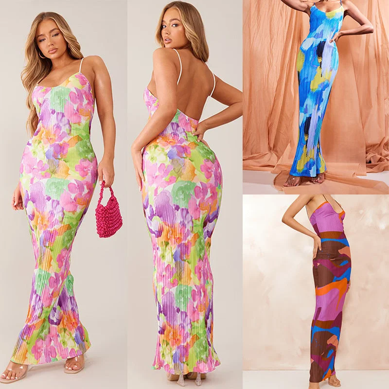Fashion Women's Wear Sling Pleated Printing Dress Tunics Lace romantic