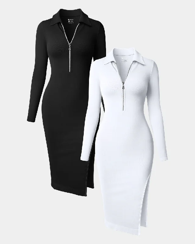 Zipper Long Sleeve Ribbed Bodycon Side Slit Soft Dresses Tunics Summer linen