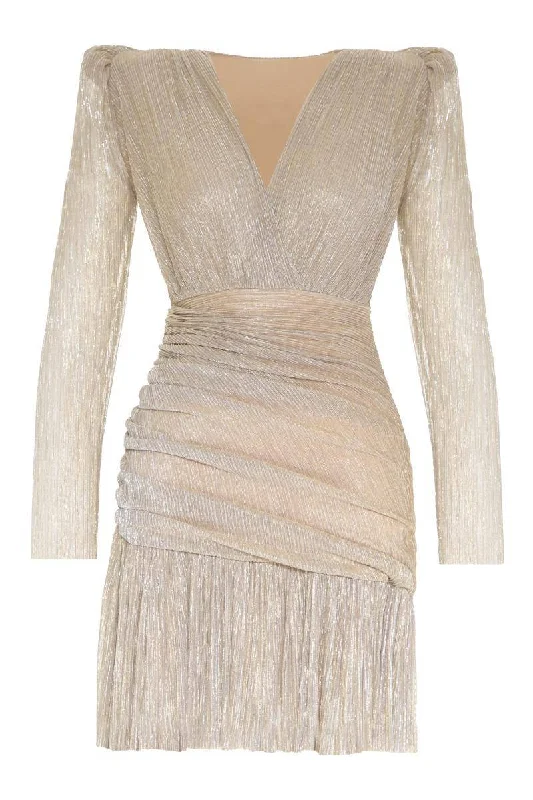 Metallic Long Sleeve Wrapped Mini Skirt Dress - Gold Pencil Office Professional
