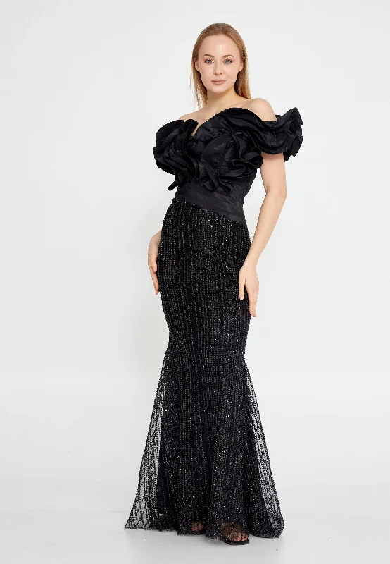 Off Shoulder Maxi Tulle Mermaid Wedding Guest Dress - Black Tunics Stylish elegant