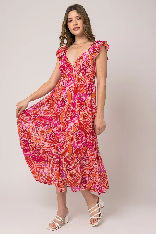 Fuchsia Floral Flutter Sleeve Dress Tunics Versatile stylish