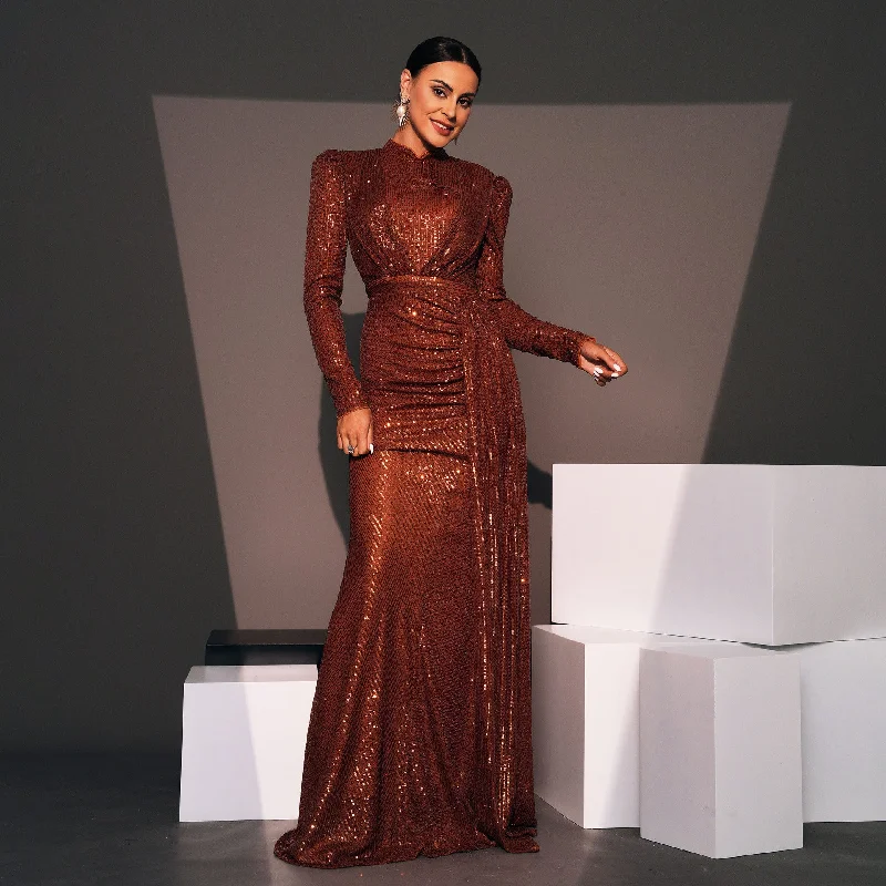 Long Sleeve Round Neck Sexy Slim Long Sequined Banquet Dress Tunics Seasonal trendy
