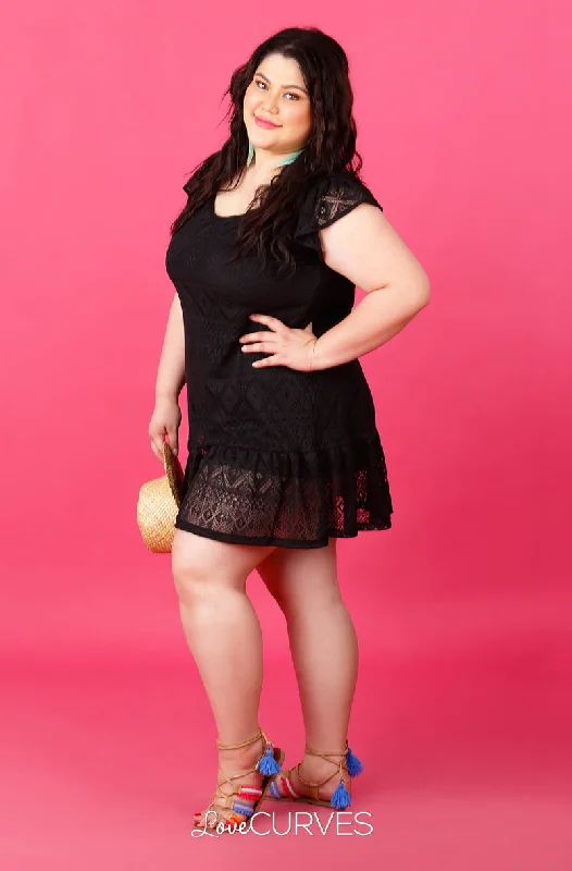 Short Sleeves Drop Waist Ruffle Dress  - Black Lace - ATT Tunic Top Casual
