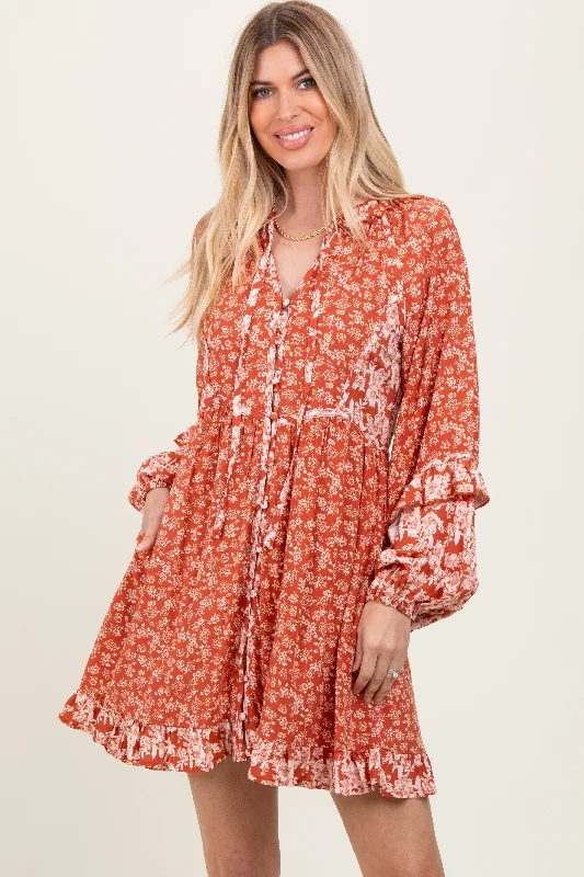 Rust Mixed Floral Tie Front Ruffle Accent Dress Tunics Gym athletic