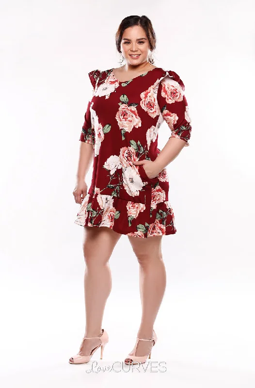 Drop Waist Ruffle Dress - Maroon Blossoms - KDR Tunics Distressed trendy