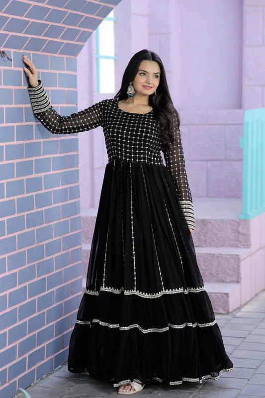 Jyoti Fashion Women's Black Faux Blooming Sequins with Zari Embroidered Anarkali Dress Tunics Sale discount
