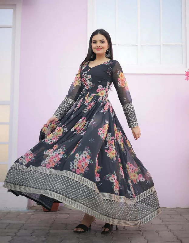 Jyoti Fashion Women's Black Digital Print with Sequence Zari Embroidered Faux Georgette Anarkali Dress Tunics Polka dots Jyoti Fashion Women's Black Digital Print with Sequence Zari Embroidered Faux Georgette Anarkali Dress Tunics Polka dots