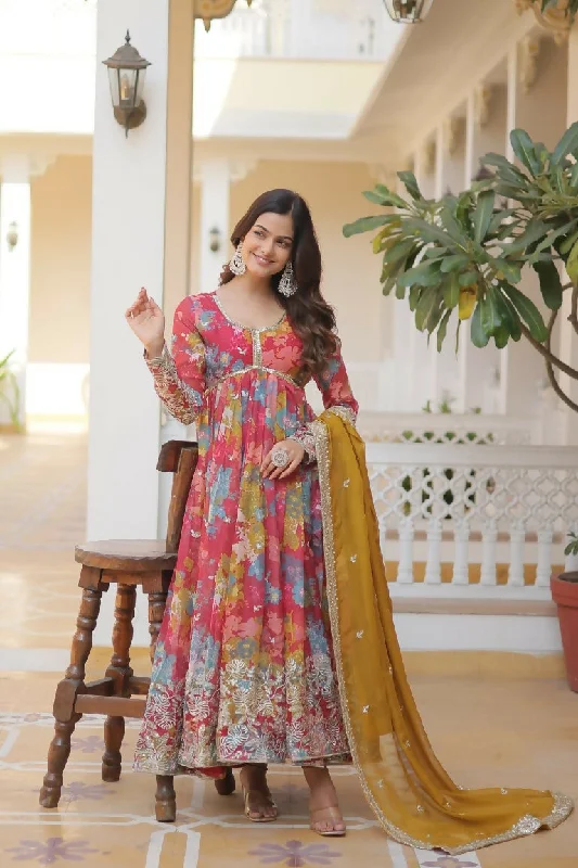 Jyoti Fashion Women's Pink & Yellow Russian Silk Sequins Zari Embroidery Anarkali Dress with Dupatta Tunics Long Elegant Jyoti Fashion Women's Pink & Yellow Russian Silk Sequins Zari Embroidery Anarkali Dress with Dupatta Tunics Long Elegant
