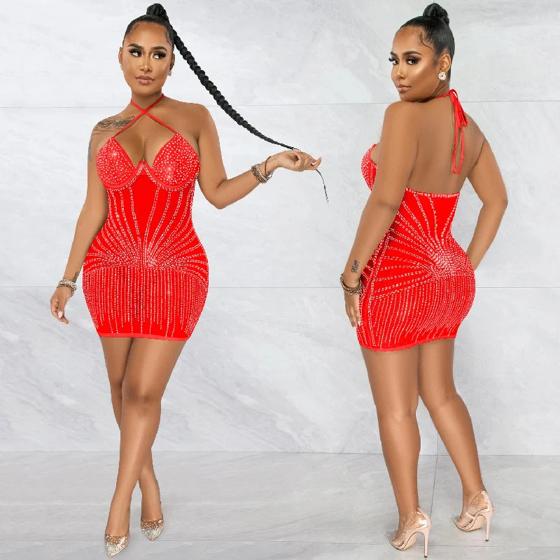 Sling Wrapped Chest Rhinestone Mesh Perspective Skirt Dress Tunics Running lightweight