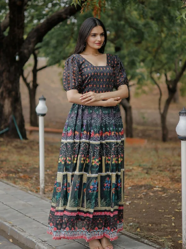 Jyoti Fashion Women's Black Heavy Digital Printed Pure Chanderi Anarkali Dress Tunics Fashionable trendy Jyoti Fashion Women's Black Heavy Digital Printed Pure Chanderi Anarkali Dress Tunics Fashionable trendy