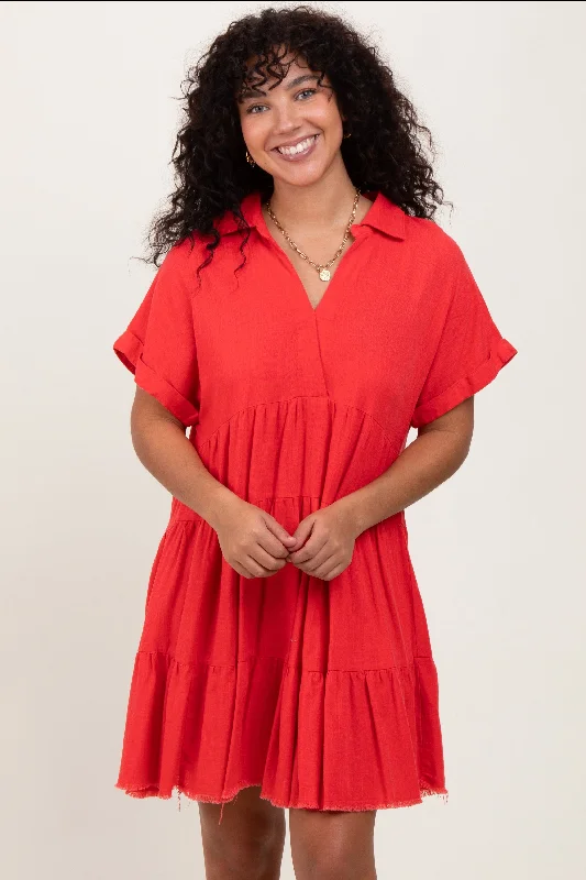 Coral Tiered Linen Dress Tunics Fall fleece