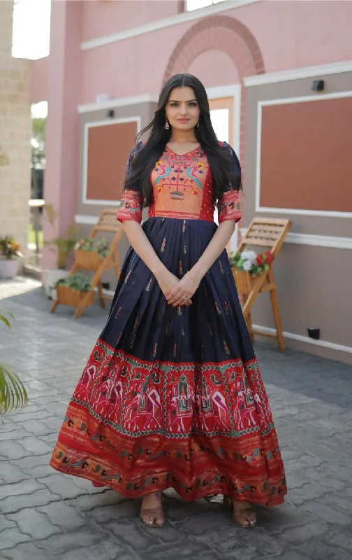 Jyoti Fashion Women's Navy Blue Patola with Foil Print Dola Silk Anarkali Dress Tunics Solid Classic Jyoti Fashion Women's Navy Blue Patola with Foil Print Dola Silk Anarkali Dress Tunics Solid Classic