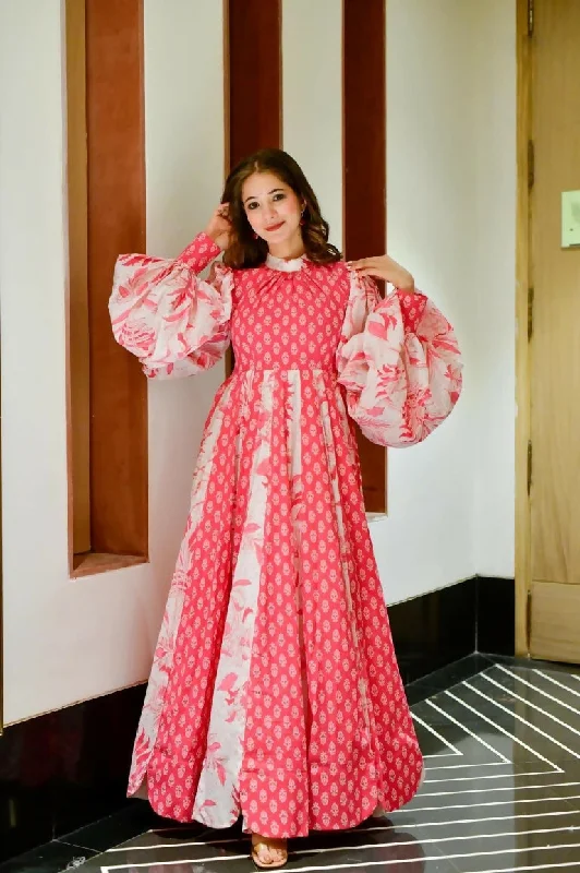 Jyoti Fashion Women's Pink Heavy Digital Printed Cotton Silk Anarkali Dress Crew Neckline Casual Jyoti Fashion Women's Pink Heavy Digital Printed Cotton Silk Anarkali Dress Crew Neckline Casual
