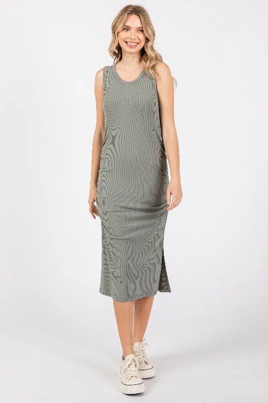Olive Sleeveless Ribbed Ruched Dress Tunics Evening elegant