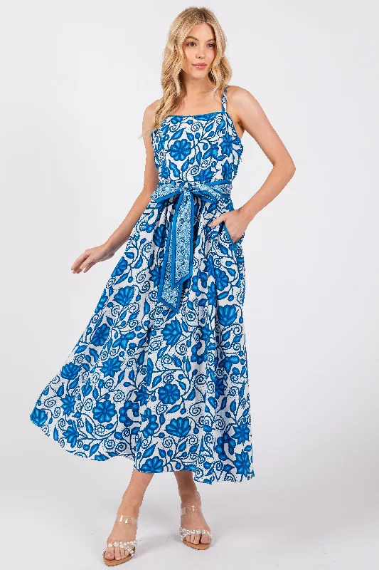 Blue Floral Crochet Accent Waist Tie Dress Tunics Handmade artisanal