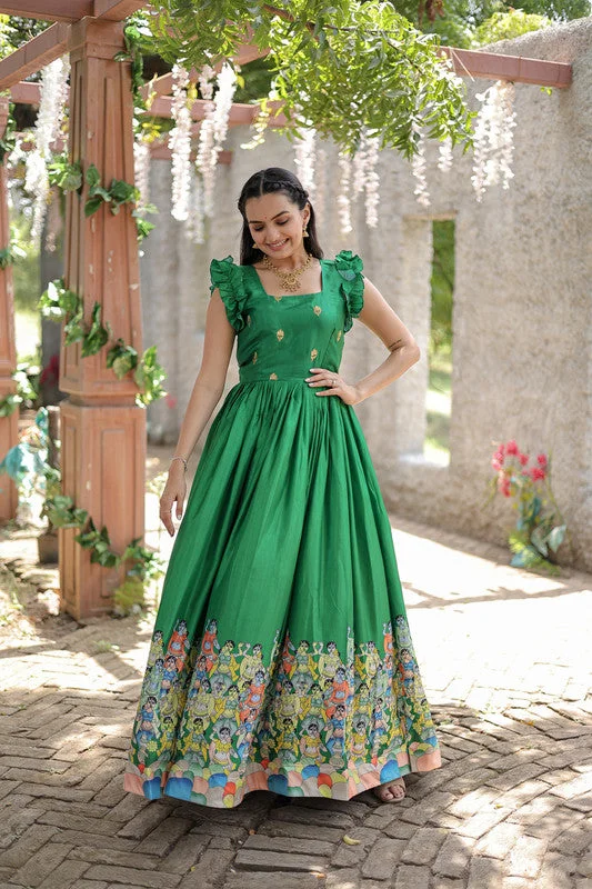 Jyoti Fashion Women's Green Dola Silk Printed Festive Designer Anarkali Dress Tunics Hiking breathable