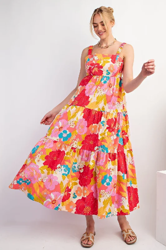 Coral Multi-Color Floral Tiered Cutout Back Dress Tunics Ceremony elegant