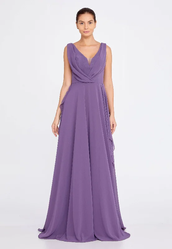 Sleeveless Maxi Chiffon A-Line Wedding Guest Dress - Purple Tunics Bridal satin