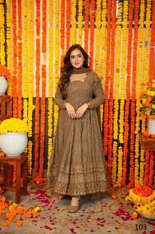 Jyoti Fashion Women's Brown Faux Georgette Zari Embroidery with Sequence Anarkali Dress with Dupatta Tunics Bestseller popular Jyoti Fashion Women's Brown Faux Georgette Zari Embroidery with Sequence Anarkali Dress with Dupatta Tunics Bestseller popular