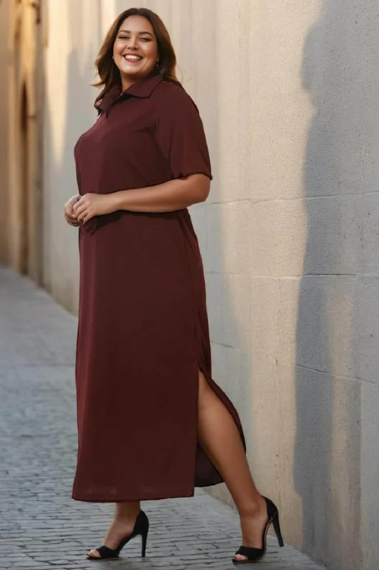 Plus Size Wine Side Slit Long Dress Tunics Fleece cozy