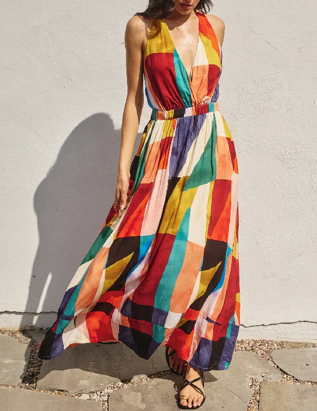 Olinda Plunging Mosaic Print Dress Tunics Distressed trendy