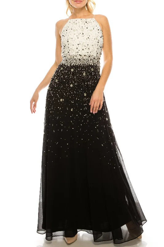 Aidan Mattox Ivory Black Beaded High Square Neck Evening Dress Tunics stripes playful Aidan Mattox Ivory Black Beaded High Square Neck Evening Dress Tunics stripes playful