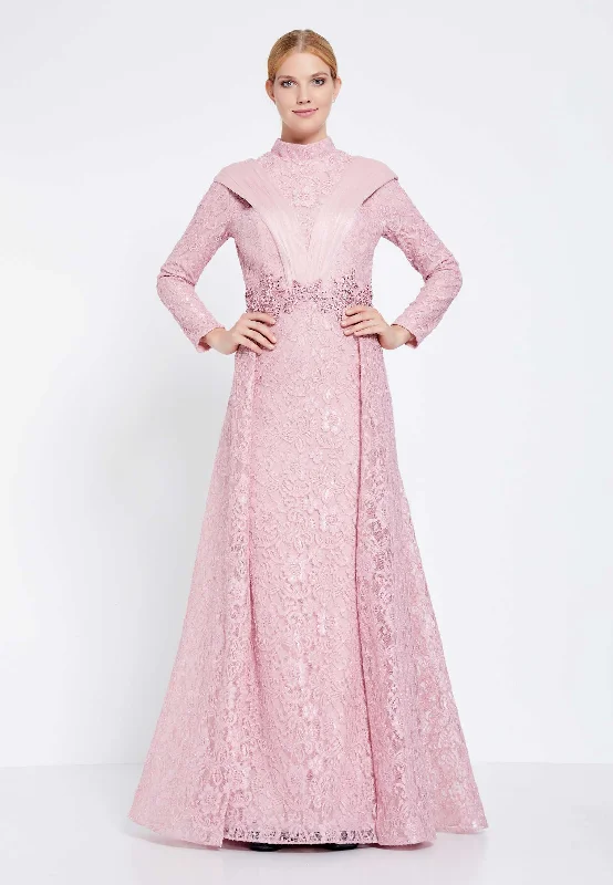 Modest Lace Full Sleeve Double Skirt Long Dress - Pink Turtleneck Neckline Stylish