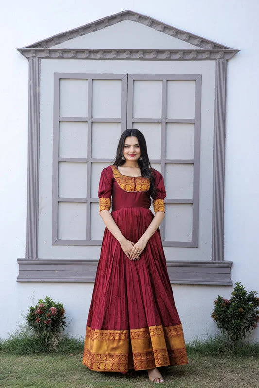 Jyoti Fashion Women's Maroon Silk Jacquard Weaving Festive Anarkali Dress Tunics Leisure comfortable