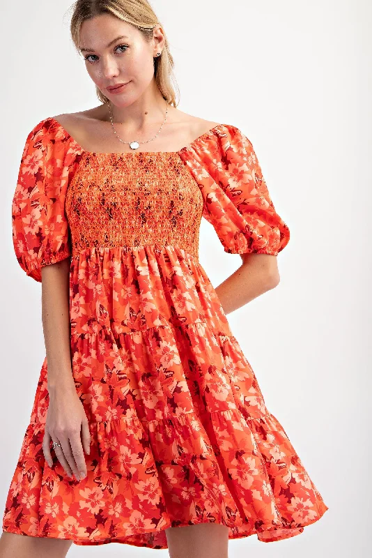 Orange Floral Smocked Tiered Dress Tunics Silk luxurious