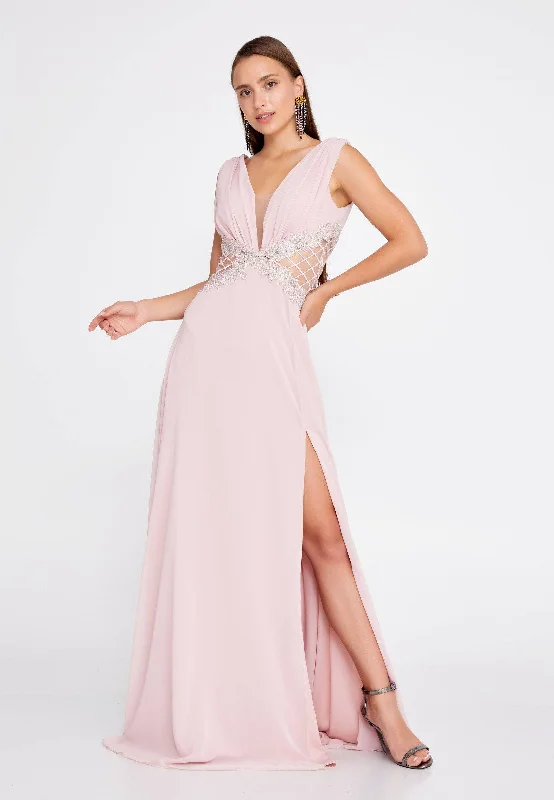 Flowy Sleeveless Maxi Chiffon Wedding Guest Dress with Embriodery Waist - Pink Tunics Designer luxury Flowy Sleeveless Maxi Chiffon Wedding Guest Dress with Embriodery Waist - Pink Tunics Designer luxury