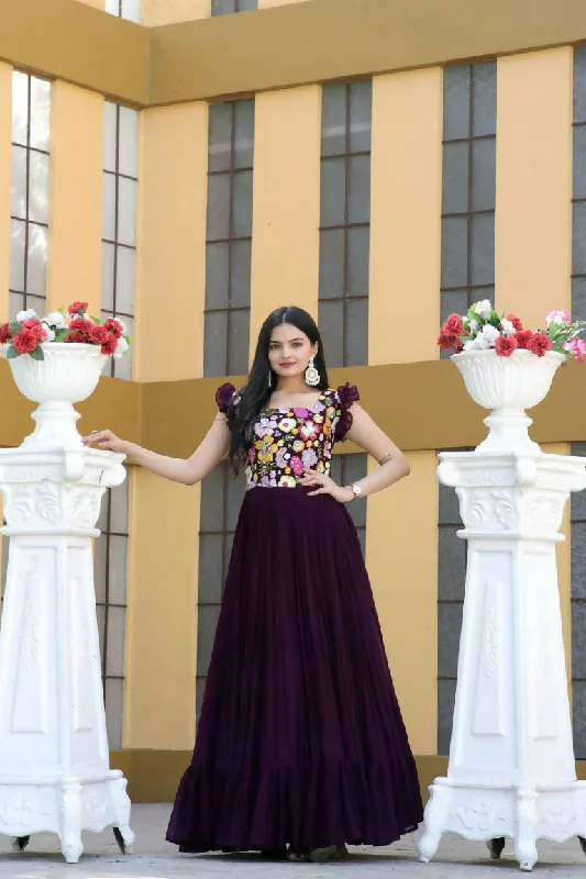 Jyoti Fashion Women's Wine Sequins Thread Embroidery Faux Blooming Anarkali Dress Tunics Seasonal trendy