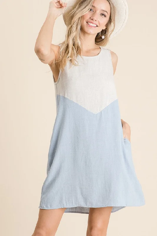 Blue Solid Linen Colorblock A Line Dress Tunics Wedding white