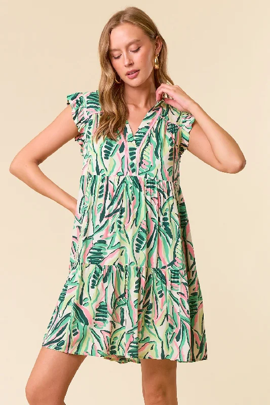 Green Printed Ruffle Sleeve Dress Turtleneck Neckline Stylish