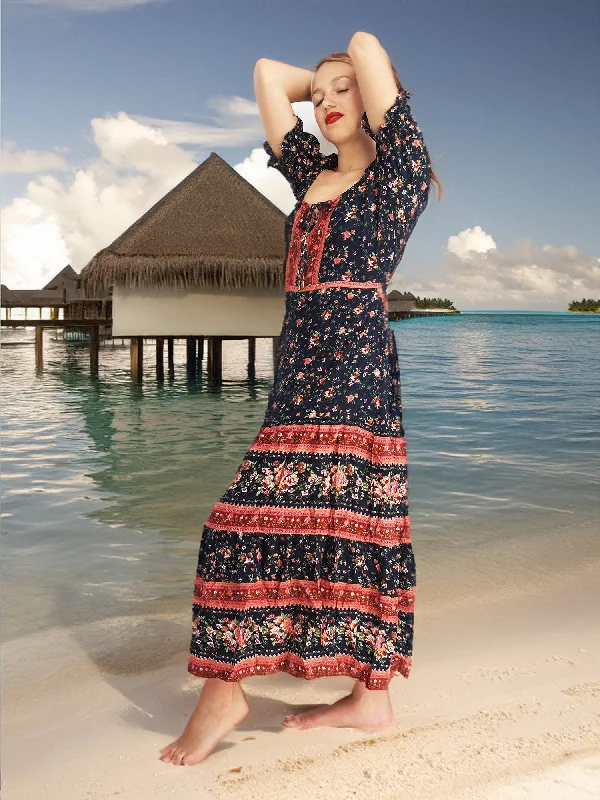 Bohemian Gypsy Hippy Cotton Light Weight Long Dress Black Floral S-M-L Tunics New arrival Bohemian Gypsy Hippy Cotton Light Weight Long Dress Black Floral S-M-L Tunics New arrival