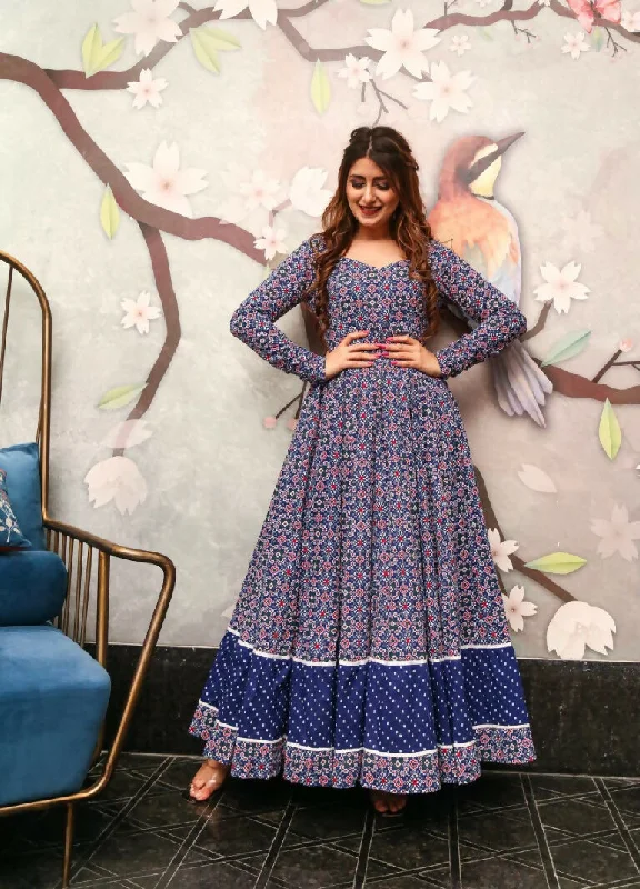 Jyoti Fashion Women's Navy Blue Heavy Digital Printed Cotton Silk Anarkali Dress Square Neckline Feminine Jyoti Fashion Women's Navy Blue Heavy Digital Printed Cotton Silk Anarkali Dress Square Neckline Feminine
