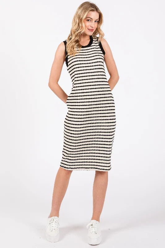 Cream Black Striped Sleeveless Fitted Knit Dress Tunics Review highly