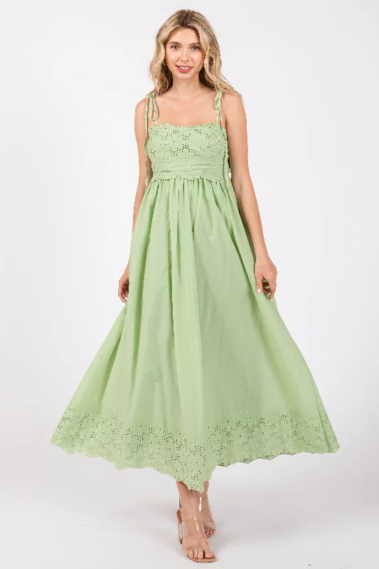 Mint Green Eyelet Floral Shoulder Tie Dress Maxi Flowy Bohemian
