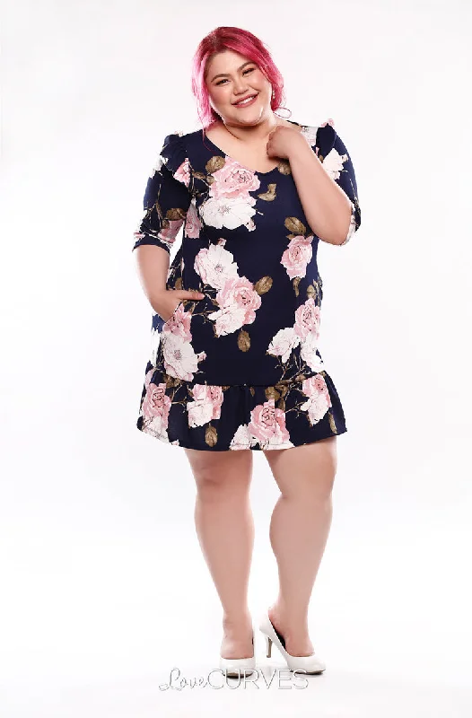 Drop Waist Ruffle Dress -Navy Blossoms - KDR Tunics Satin smooth