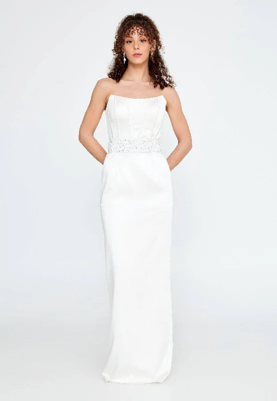 Satin Strapless Long Dress with Belt - White Elegant Long Evening