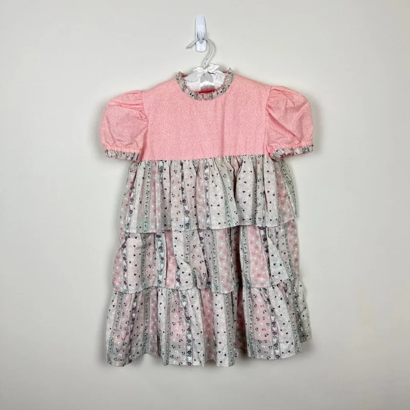 Vintage Girls Pink Gray Floral Tiered Dress Tunics Handmade artisanal