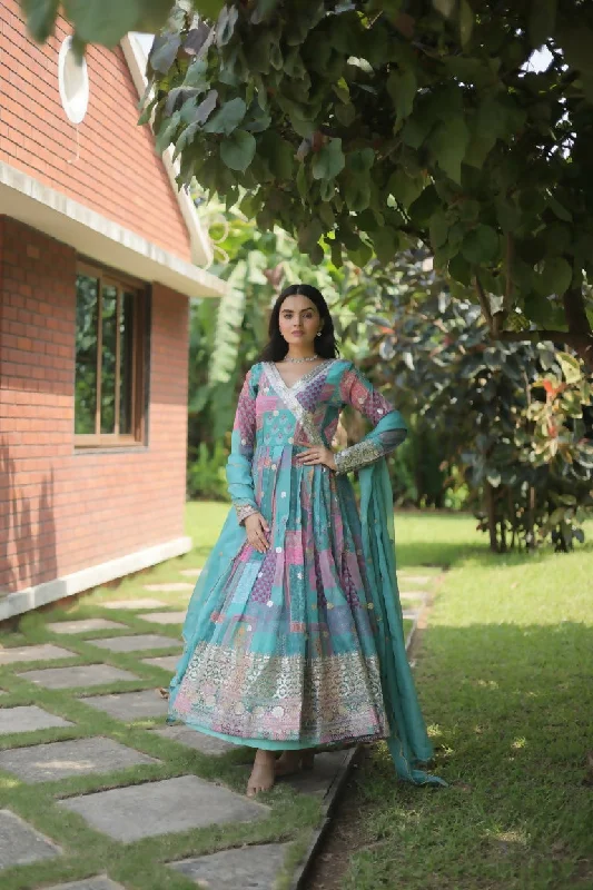 Jyoti Fashion Women's Sky Blue Russian Silk Digital Print with Embroidered Anarkali Dress with Dupatta Boat Neckline Classic Jyoti Fashion Women's Sky Blue Russian Silk Digital Print with Embroidered Anarkali Dress with Dupatta Boat Neckline Classic