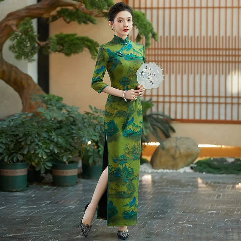3/4 Sleeve Landscape Pattern Full Length Cheongsam Chinese Dress Tunics Silk luxurious