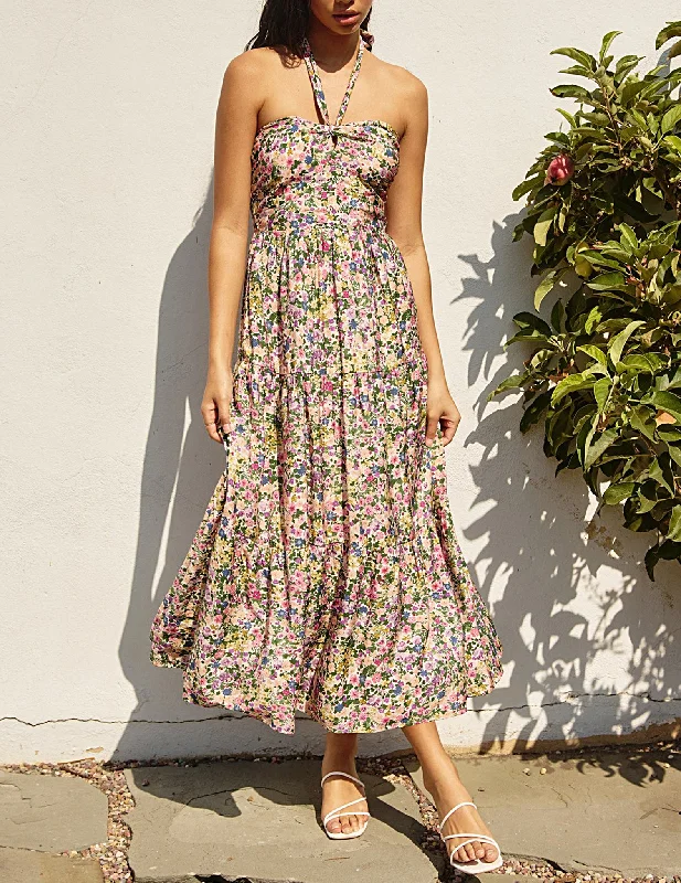 Hailee Halter Tied Tiered Floral Dress Tunics Gym athletic