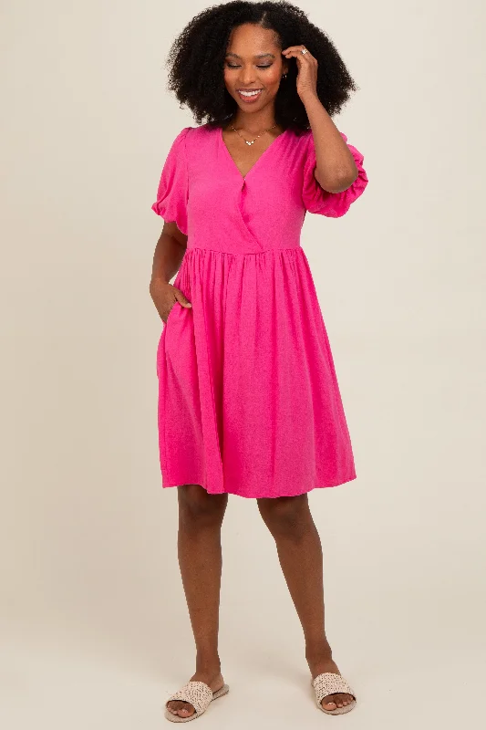 Fuchsia Linen Puff Sleeve Dress Elegant Long Evening